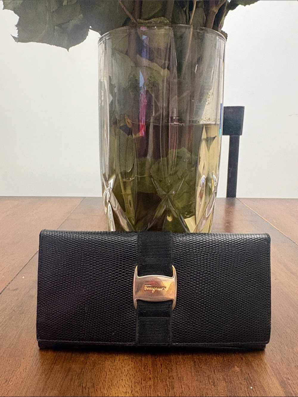 Salvatore Ferragamo Black Leather Bow-Accent Wallet in GUC.